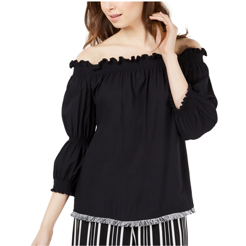 Trina Turk Womens Ragtime Peasant Blouse, Black, Elegant Black Off-Shoulder Top